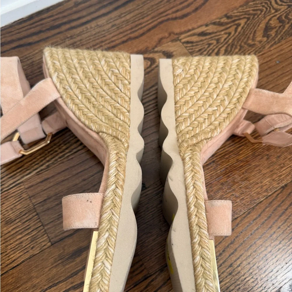 Good American Pale Pink Suede Gold Hardware Espadrille Wedge Sandals NEW Size 12